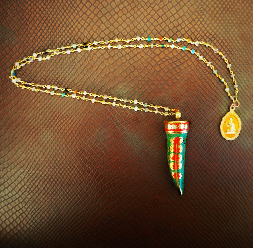 BRONZE HORN PENDANT  WITH INLAID TURQUOISE & CORAL NECKLACE